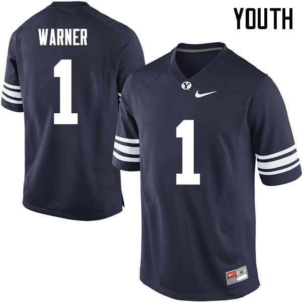 Youth #1 Troy Warner BYU Cougars College Football Jerseys Sale-Navy - Click Image to Close
